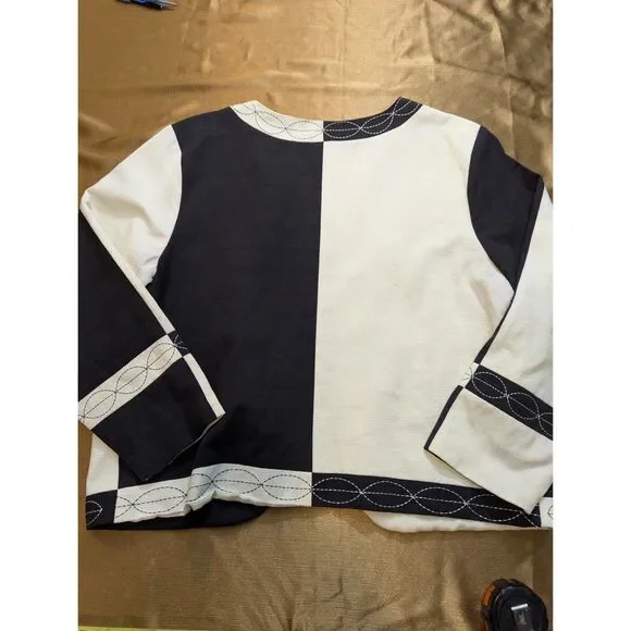 Classic Trend 90s/Y2K Linen Blend Cat Appliqué Jacket Colorblock Black Cream L - Picture 5 of 8